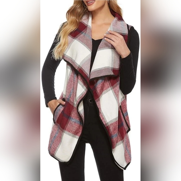 Plaid Open Front Vest - Red and White - Picture 9 of 10